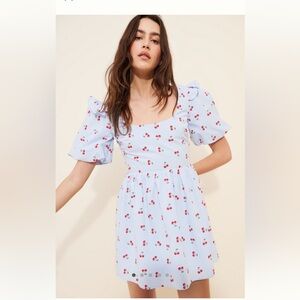 Blue Cherry Print Mini Dress